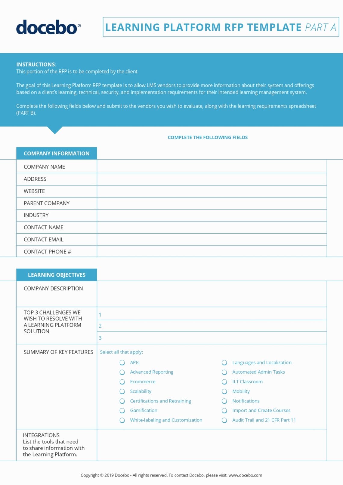 Page 1 of Docebo's LMS RFP pdf template.
