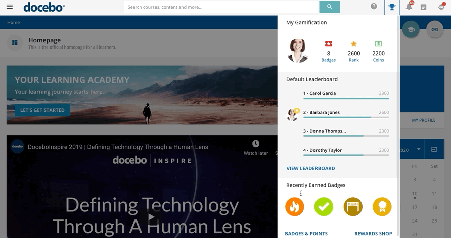 A gif showing Docebo's LMS gamification feature.