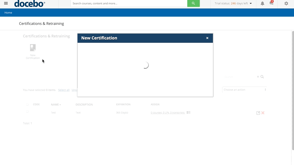 A gif showing that users can manage and create certifications using Docebo.