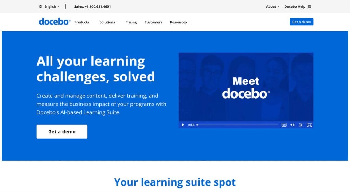 Homepage of Docebo which is a SCORM-compliant LMS.
