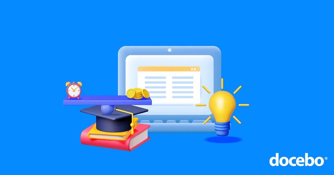 Graphic of laptop against a blue background with stack of books, grad cap and lightbulb in front of it.
