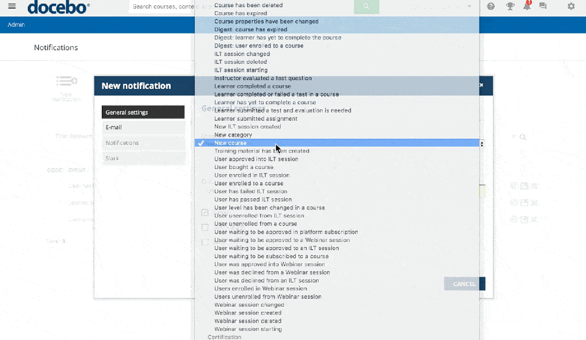 A gif showing how users can set manage notifications with Docebo.