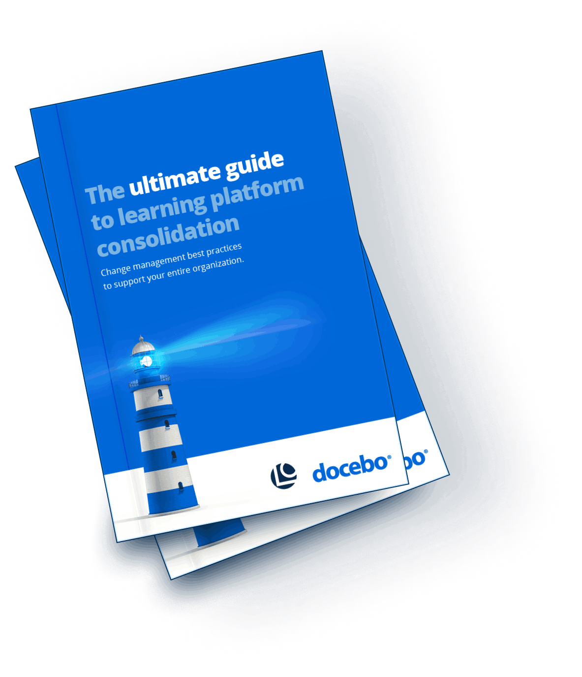 Docebo Whitepapers two blue booklets with a lighthouse on the cover and text that reads The ultimate guide to learning platform consolidation